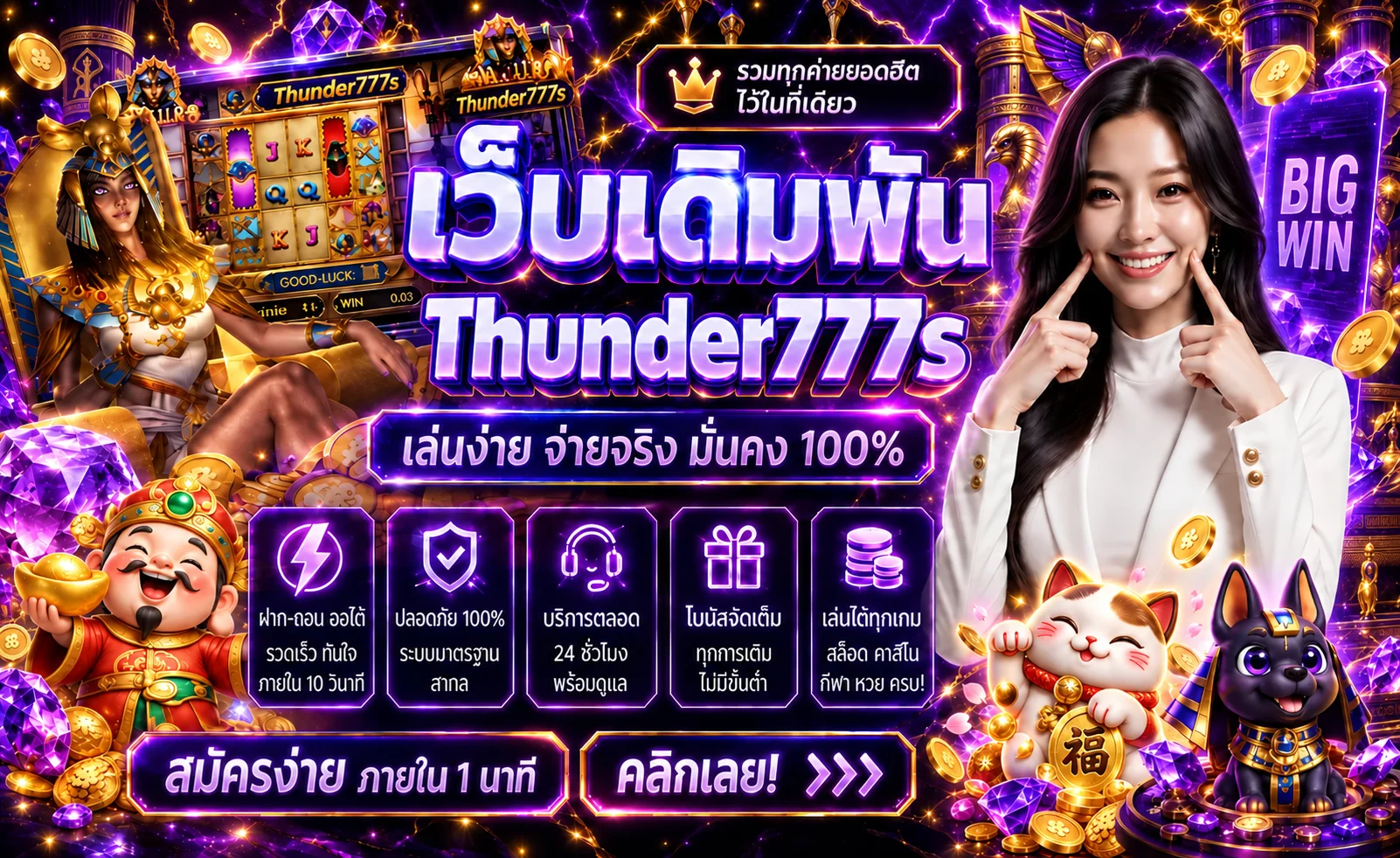 แบนเนอร์ Thunder777s สล็อตและเกม PG Soft โทนม่วงทอง